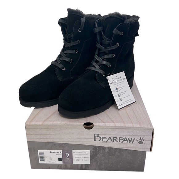 BearPaw Shoes - Bearpaw Phoebe Black Suede Sheepskin Lace Up Hiker Boot 9 NeverWet